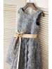 Gray Rosette Knee Length Flower Girl Dress With Champagne Sash